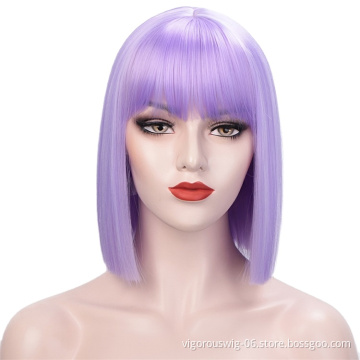 Vigorous Short Straight Bob Wig with Bangs Natural Looking Heat Resistant Hair Costume Wig Cosplay Wig Purple Color